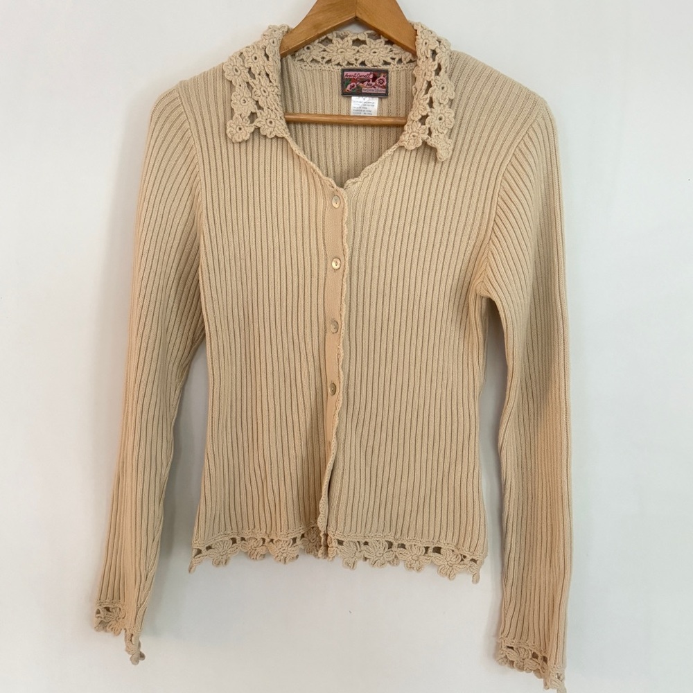 April Cornell Beige Knit Crochet Lace Trim Button Up V Neck Cardigan Size S